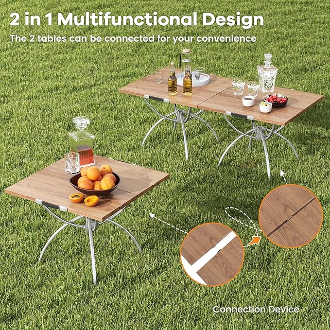 Goplus Aluminum Camping Table 2 PCS Folding Picnic Tables w/Extendable Design Wood-Grain Tabletop Carrying Bag Non-Slip Foot Pads Portable Beach Table for Camp Hiking BBQ Party