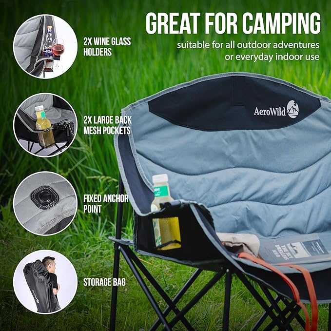 Double Folding Chair – Portable Loveseat for 2 Adults with 600 lbs Support – Water &amp UV Resistant Folding Outdoor Chair for Beach Picnic Camping