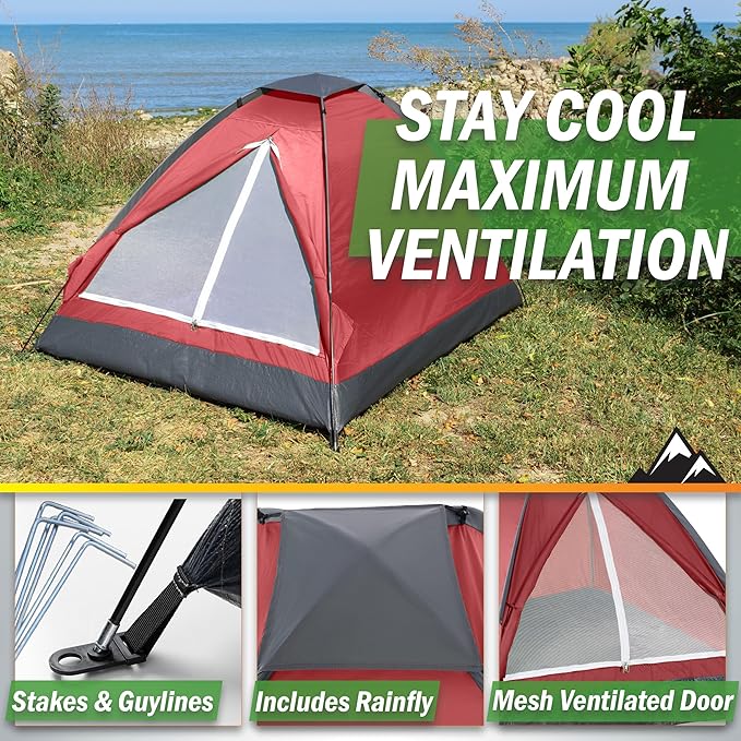 2 Person Camping Tent with Rain Fly and Carrying Bag - Lightweight Outdoor Tent for Backpacking Hiking or Beach Use by Wakeman Outdoors