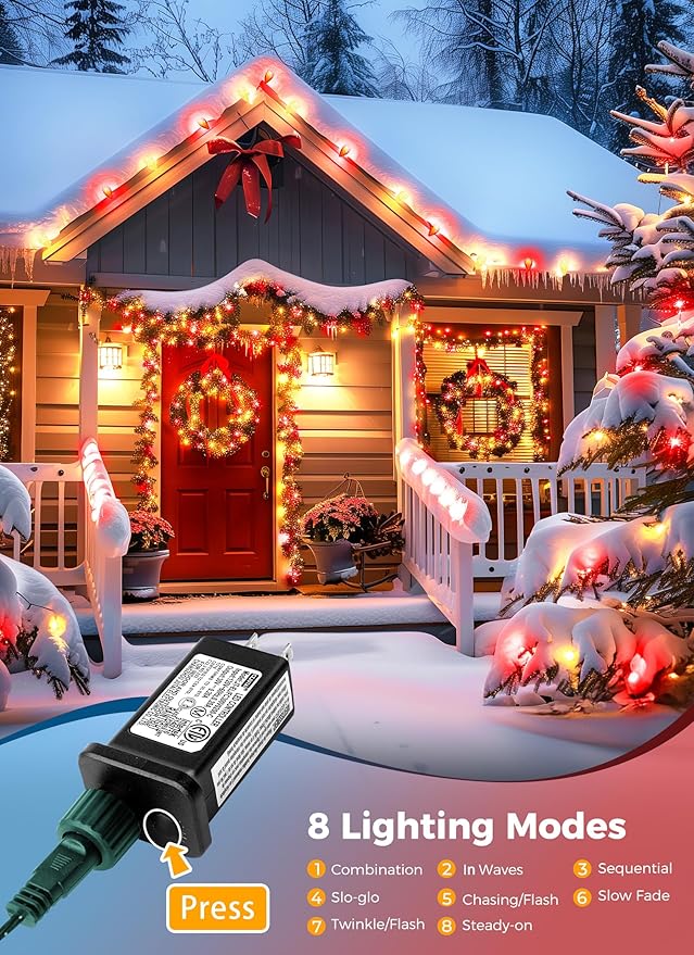 C9 Christmas Lights Outdoor Waterproof 114 Feet 150 LED C9 String Lights with Timer &amp 8 Light Mode Connectable Christmas Tree Lights for Indoor Outside Roofline Patio Decoration Red &amp Warm