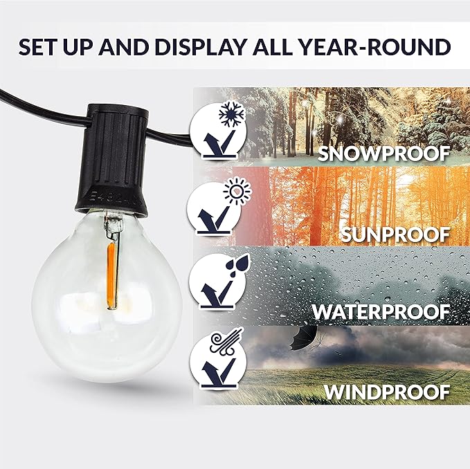 Newhouse Lighting LED G40 String Lights with Weatherproof Technology 100W Dimmer with Wireless Remote Control 50ft and 52 (50+2 Free) LED Light Bulbs Included Warm White (PSTRINGLEDDIM)