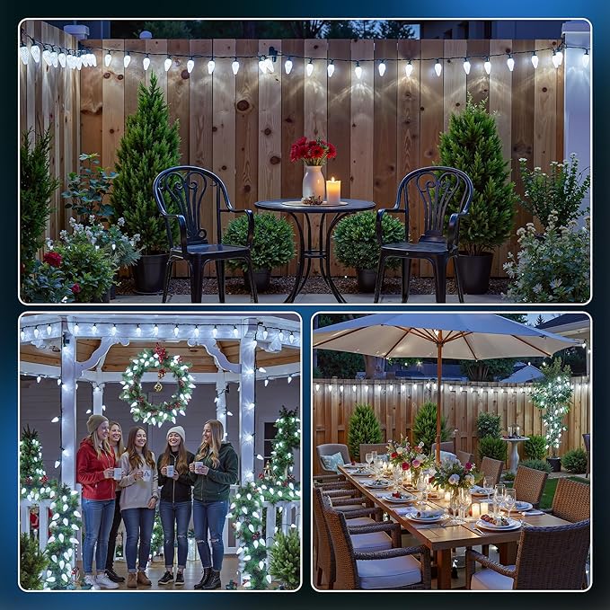 Brightown 2 Pack White C9 LED Christmas Lights Outdoor 33ft 50 LED Waterproof Strawberry String Lights Plug-in Extendable Green Wire Lights String for Outdoor Indoor Patio Party Decoration