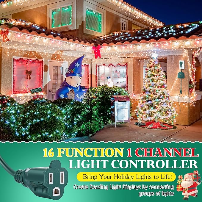 Christmas Light Controller with Remote Create Dazzling Lighting Displays with Multiple Functions Timer Dusk to Dawn Sensor Adjust Speed for Christmas Outdoor String Light (1 Channel 16 Functions)