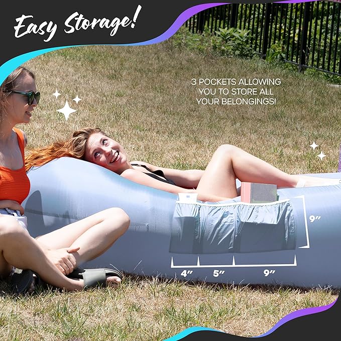 Nevlers Periwinkle Blue Inflatable Lounger | 210T Polyester Blow Up Couch | Inflatable Beach Chair w/ 450 lbs. Capacity Pockets &amp Carry Bag | No-Pump Air Couch for Use as Music Festival Accessor