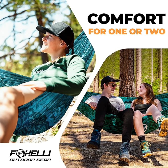 Foxelli Camping Hammock – Ultralight Hammock for Backpacking Hiking Festivals Travel - Easy Setup with Tree-Friendly Ropes &amp Steel Carabiners Heavy Duty Parachute Nylon