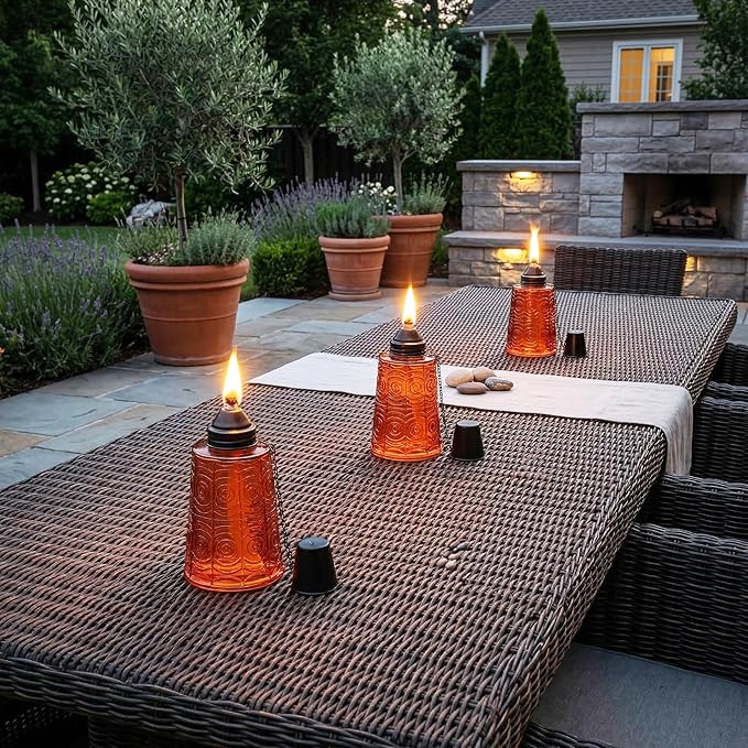 Seraphic Citronella Table Top Torches for Outdoor Patio 16oz Decorative Glass Torch Citronella Candles for Outside Deck Garden Parties Set of 3 Amber