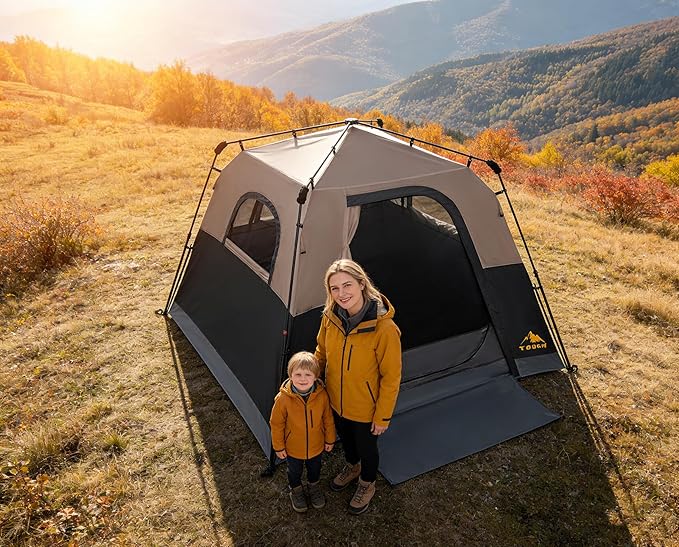 3/4 Person Camping Tent with 1 Door 4 Windows and Upgraded Ventilation– Instant Setup Waterproof 8'x 8'x 67''Oxford Fabric Floor Pop Up in 60 Seconds Includes Rainfly and Backpack