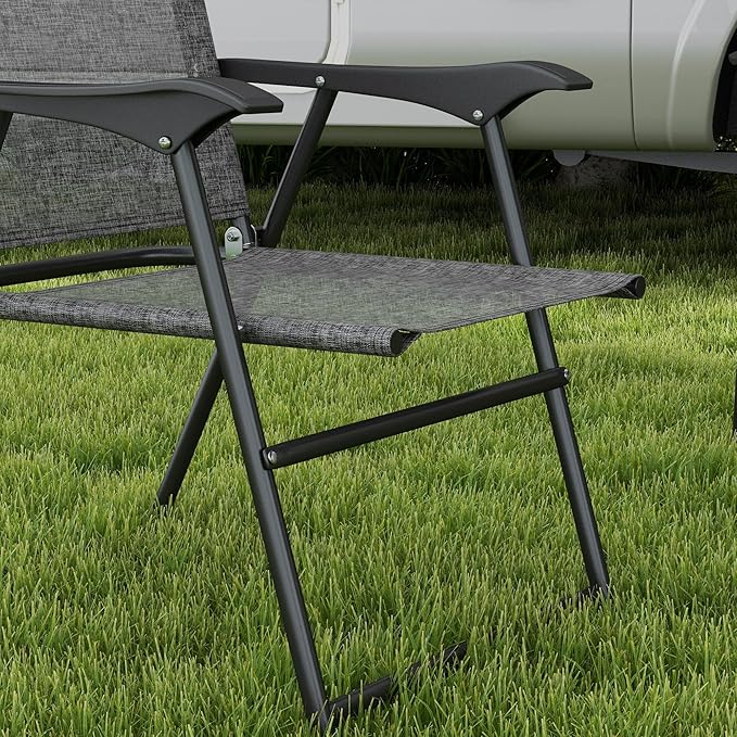 Outsunny Folding Patio Chairs Set of 4 Sports Chairs for Adults Camping Chairs with Armrests Breathable Mesh Fabric Seat for Lawn Gray