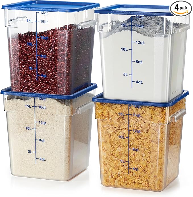 CURTA 4 Pack Food Storage Containers with Blue Lids - NSF Listed Commercial Grade in 18.0 Qt - Square Clear Polycarbonate