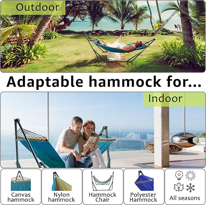 Tranquillo Hammock with Stand Heavy-Duty Hammock Quick Fold Unfold Steel Frame Hammock Canvas Portable Hammock Stand Spreader Bar 600 lbs Capacity Portable Relaxation Gear Blue