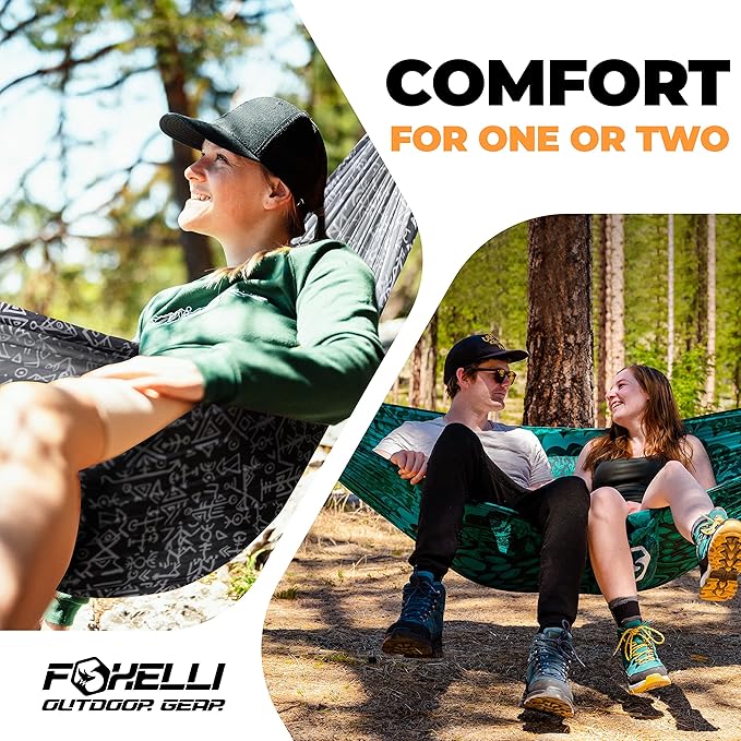 Foxelli Camping Hammock – Ultralight Hammock for Backpacking Hiking Festivals Travel - Easy Setup with Tree-Friendly Ropes &amp Steel Carabiners Heavy Duty Parachute Nylon