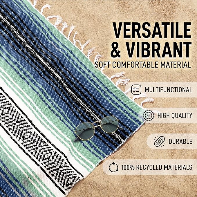 Hydration Nation Authentic Large Handwoven Mexican Blanket - Soft Yoga- Durable Serape- Lightweight Falsa Beach Camping Picnic Outdoor Blanket 70x50 - Arctic
