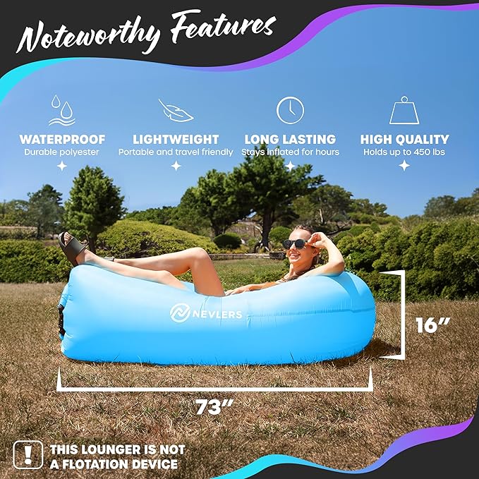 Nevlers Blue &amp Pink Inflatable Lounger 2 Pack | 210T Polyester Air Couch | No-Pump Inflatable Couch | Blow Up Chair Set w/ 450 lbs. Capacity Pockets &amp Carry Bags for Use as Beach Accessories