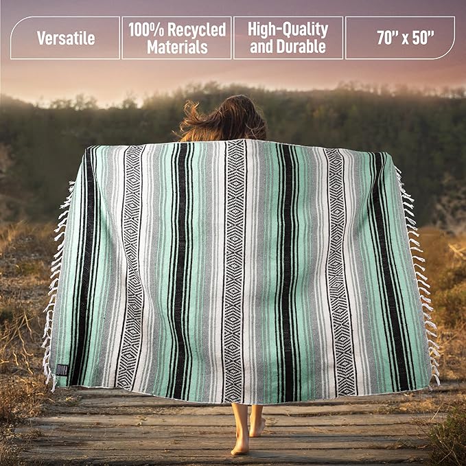 Hydration Nation Authentic Extra Large Mexican Blanket (70x50) - Handwoven Yoga Serape- Artisanal Falsa Beach Camping Picnic Outdoor (Aqua Green)