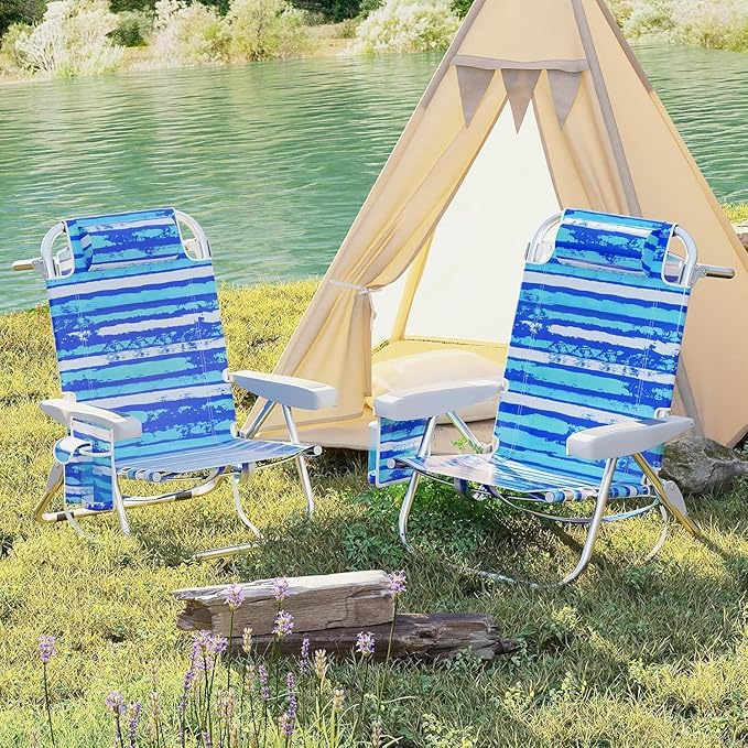 COSTWAY Backpack Beach Chair Foldable Camping Chair with 5 Adjustable Position Cup Holder Storage Pockets Straps Towel Rack Pillow for Patio Outdoor (Blue Stripe2)