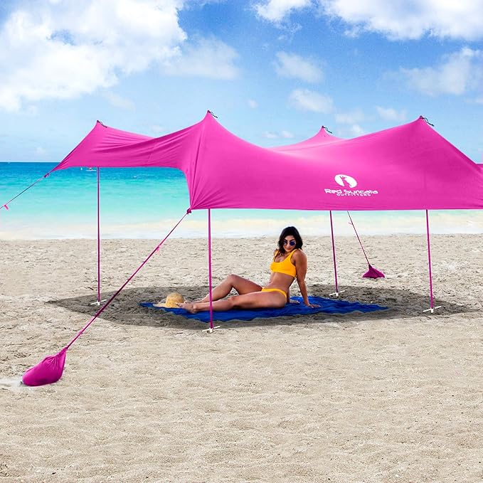 Red Suricata Family Beach Parasol - Sun Shade Canopy | UPF 50 UV Protection | Tent with 4 Aluminium Poles 4 Pole Anchors 4 Sandbag Anchors | Large &amp Portable Shelter Tarp