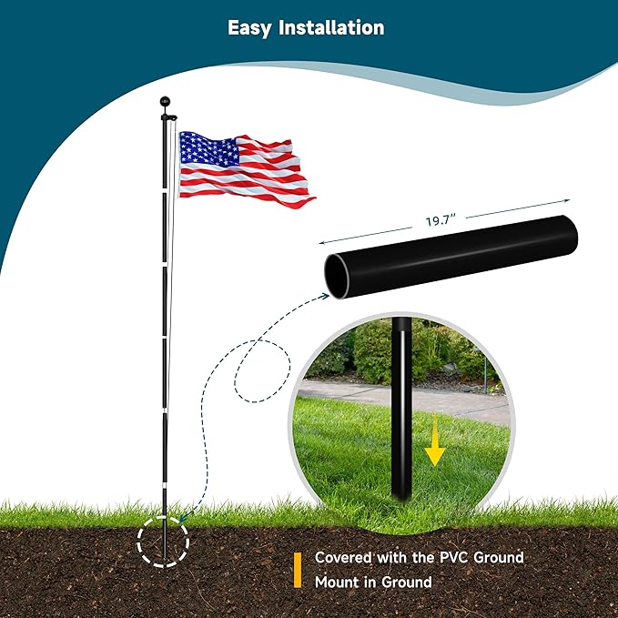 20FT Sectional Flag Pole Kit for Outside in Ground 14 Gauge Extra Thick Heavy Duty Aluminum Outdoor Flagpole for Residential or Commercial Flag Included