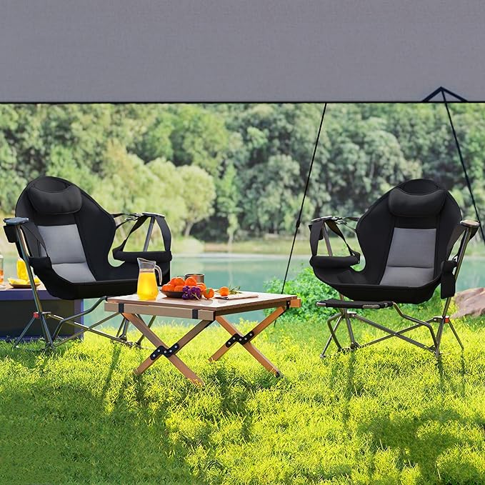 Outsunny Double Hammock Camping Chair Adjustable Back Folding Rocking Chair Swinging Hammock Chair with Cup Holder Headrest Removable Footrest Padded Seat for Travel Sports Concerts Black