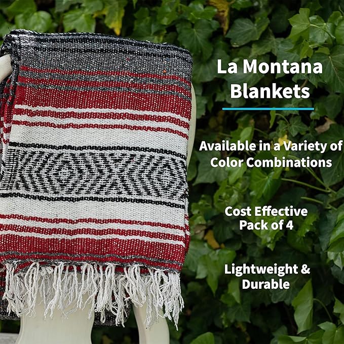 La Montana Mexican Blankets and Throws 4 Pack 74x50 - Made in Mexico Lightweight Yoga Blanket for Schools Studios Outdoors Camping Picnic Decor - Machine Washable Red/Charcoal/White