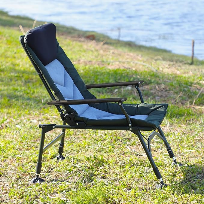 Camping Lounge Chair Portable Folding Reclining Camping Chair with Adjustable backrest for Indoor and Outdoor Camping Beach Hiking Fishing Green+Black+Grey