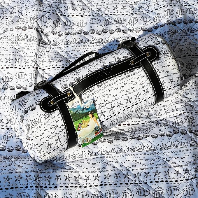 60x80” Double Thickened Picnic Blankets(150g High Density Cotton Stuffed) White Fish Pattern Outdoor Picnic Mat Portable Picnic Blanket Foldable with Leather Carry Strap Beach Blanket