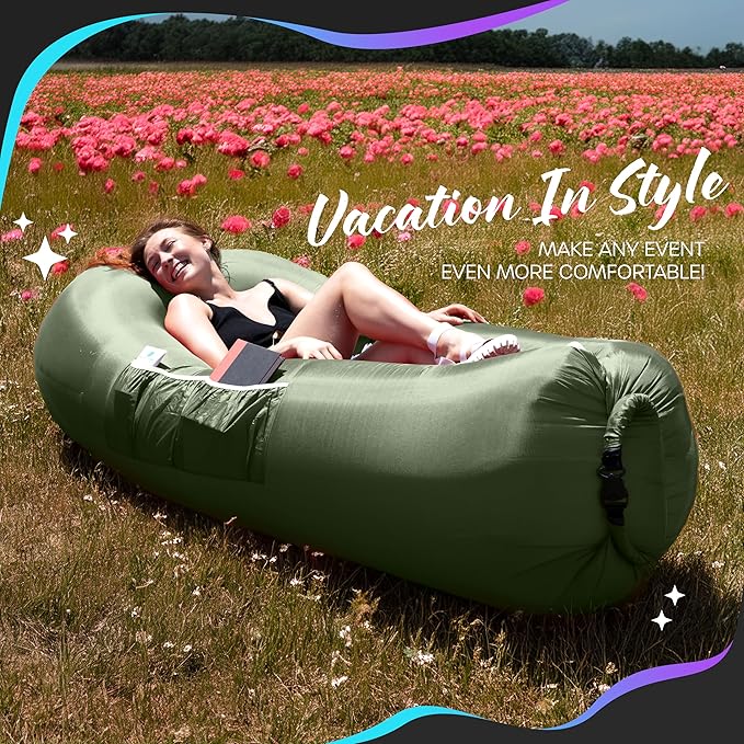Nevlers Military Green Inflatable Lounger | No-Pump Blow Up Couch | 210T Polyester Outdoor Lounger for Use as Music Festival Essentials | Air Couch Inflatable Chair for Kids w/ 450 lbs. Capacity