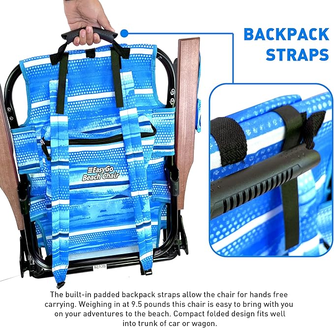 EasyGo Product Backpack Beach Chair 5 Positions and Cup Holder Pouch on Side Padded Pillow Storage Bag on Back Lightweight Rustproof Aluminum Black Frame - 1 Pack Blue