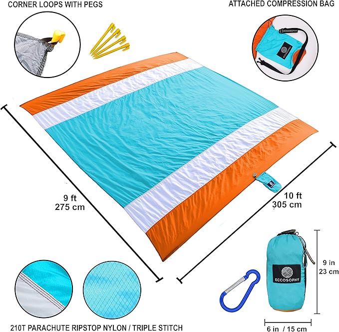 ECCOSOPHY Sandproof Beach Blanket - Oversized Sand Free Beach Mat 9'x10' - Lightweight Outdoor Picnic Blanket Anchored with 4 Corner Sand Pockets &amp Plastic Stakes - Heat Proof Quick Drying &amp