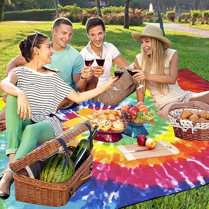 Extra Large Picnic Blankets Waterproof Foldable (80 x 80) Beach Blanket Waterproof Sandproof3-Layer Thicking Mat Outdoor Packable Camping Blanket(tie-dye)
