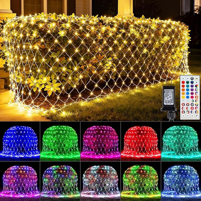 LitHome 10 x 10FT Christmas Net Lights Outdoor 35 Colors Changing 240 LED Christmas Net Lights with Remote Connectable 9 Modes RGB Mesh Light Plug in for Bushes Xmas Garden Gazebo Holiday Decor
