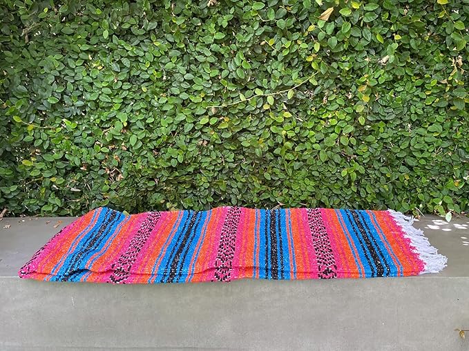 Del Mex Classic Mexican Blanket Large Authentic Woven Falsa Throw (70x50) Artisan Southwest Décor for Beach Yoga Outdoors (Turquoise/Pink/Orange)