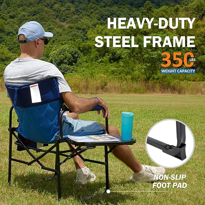 Camping Folding Chairs for Outside Foldable Camp Chairs for Adults Heavy Duty Oversized Directors Camping Chair with Table for Picnic Lawn Large Comfy Camping Chair 350 LBS Capacity Blue