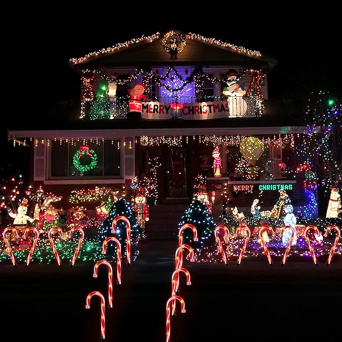 10 Christmas Candy Cane Lights - Set of 10 Pathway Markers Christmas Outdoor Yard Decorations Xmas Candy Cane Stake Lights for Lawn Walkway Garden Xmas Party Indoor Ornaments