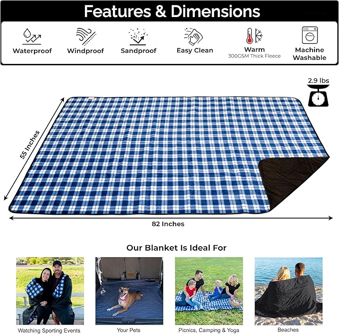 BRAWNTIDE Large Outdoor Waterproof Blanket - Extra Thick Fleece Warm Windproof Sandproof Quilted 82 x 55 Ideal for Beaches Picnics Camping Stadiums Dogs Car