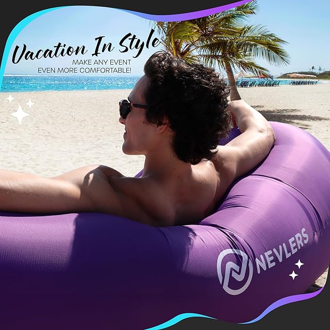 Nevlers Purple Inflatable Lounger | 210T Polyester Air Sofa | No-Pump Blow Up Couch | Compact Lounger Inflatable Couch w/ 450lbs. Cap. Pockets &amp Matching Bag | Use as Camp Chairs for Adults &amp