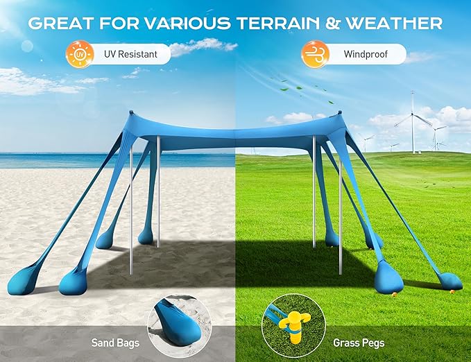 Rengue Beach Tent Beach Canopy UPF50+ UV Protection 10x10ft Beach Shade Sun Shelter with 8 Sandbags Sand Shovels Ground Pegs Stability Poles for Camping Fishing Picnics Backyard Fun Sky Blue