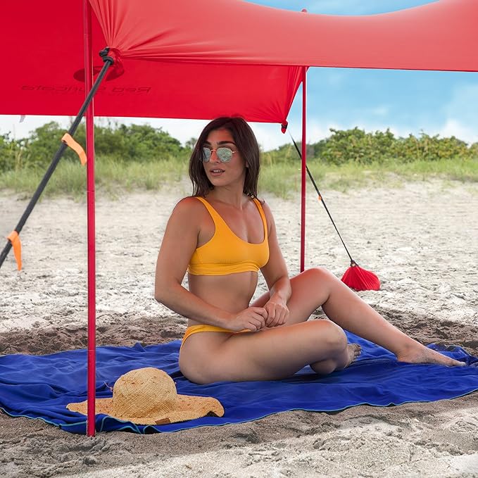 Red Suricata Family Beach Tent &amp Beach Canopy UPF50 Sun Beach Shade Sunshade with 4 Aluminum Poles 4 Pole Anchors &amp Sand Shovel Large &amp Portable Sun Shelter Tarp (Large Red)