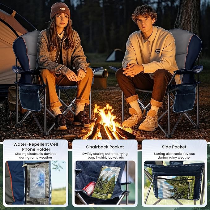 Folding Camping Chairs for Adults - High Back Padded Outdoor Lawn Chairs with Lumbar Support &amp Cup Holder (Blue &amp Gray 1 Pack)