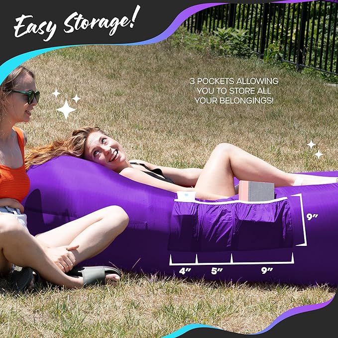 Nevlers Purple Inflatable Lounger | 210T Polyester Air Sofa | No-Pump Blow Up Couch | Compact Lounger Inflatable Couch w/ 450lbs. Cap. Pockets &amp Matching Bag | Use as Camp Chairs for Adults &amp