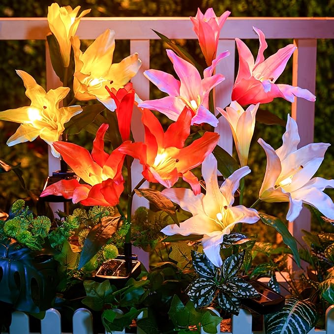 Brightown Solar Lights Outdoor 4 Pack Solar Garden Lights with Larger &amp More Realistic Lily Flowers Waterproof Outdoor Solar Lights for Yard Patio Lawn Pot Decoration