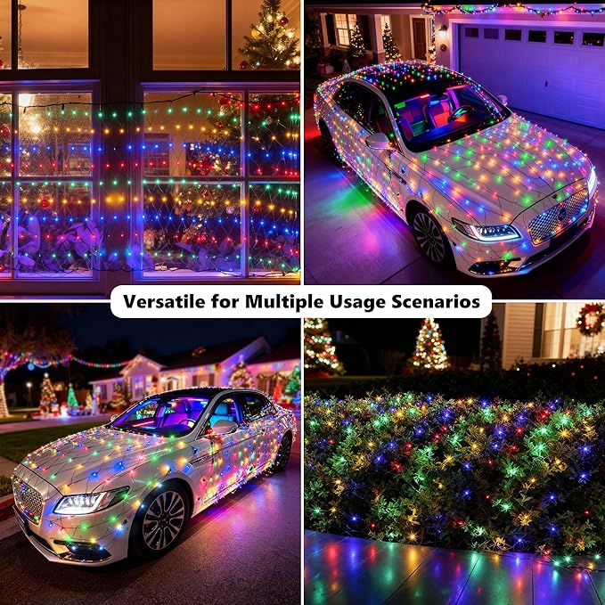 2 Sizes of Net Lights Set - 7 Pcs Outdoor Multicolor Christmas Mesh Lights with 8 ModesTimer Memory FunctionIncludes 3 * 160 LEDs 6.56 x 4.92ft + 4 * 80LEDs 3.28 x 3.93 ft + 40 Suction Cup Hooks