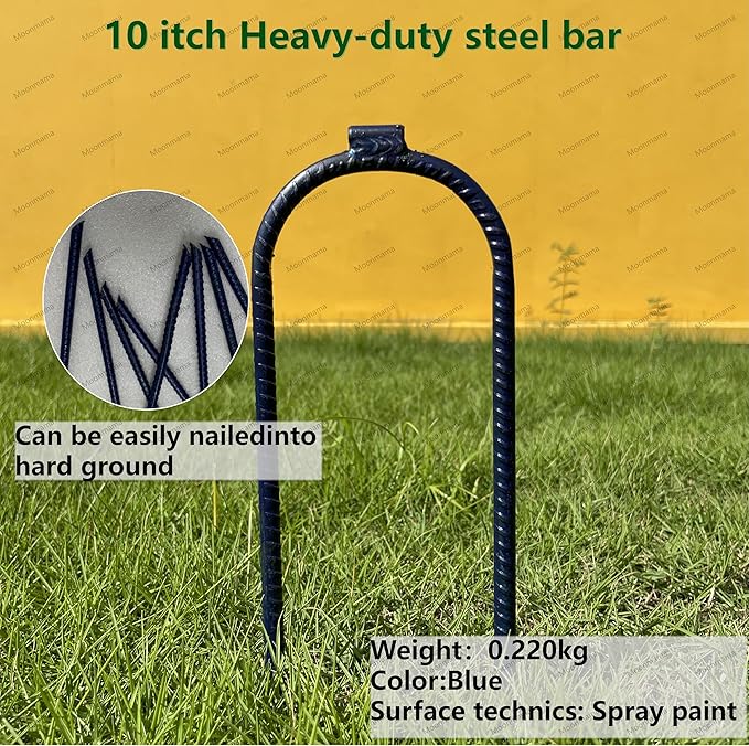 Moonmama Ground Stakes Steel Rebar Stakes Tents Nails Heavy Duty Garden Stake Ground Anchor Pegs U Shaped Metal Fences Stake for Trampolines Camping Canopies Sheds Swing Sets 10inch 10ge