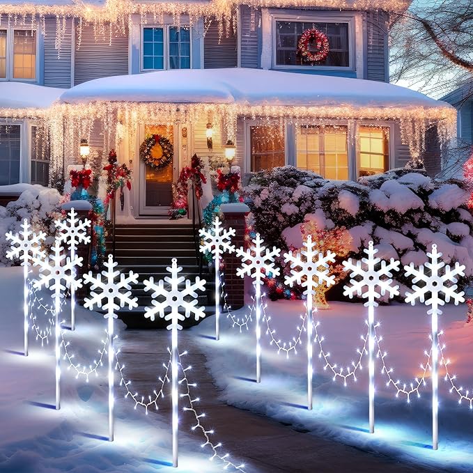 10 Pcs Christmas Snowflake Pathway Stake Lights for Outdoor Yard 370 Bright LEDs Waterproof Large Christmas Snowflake Light Decoration for Garden Lawn Driveway Walkway Decor(Cool White)