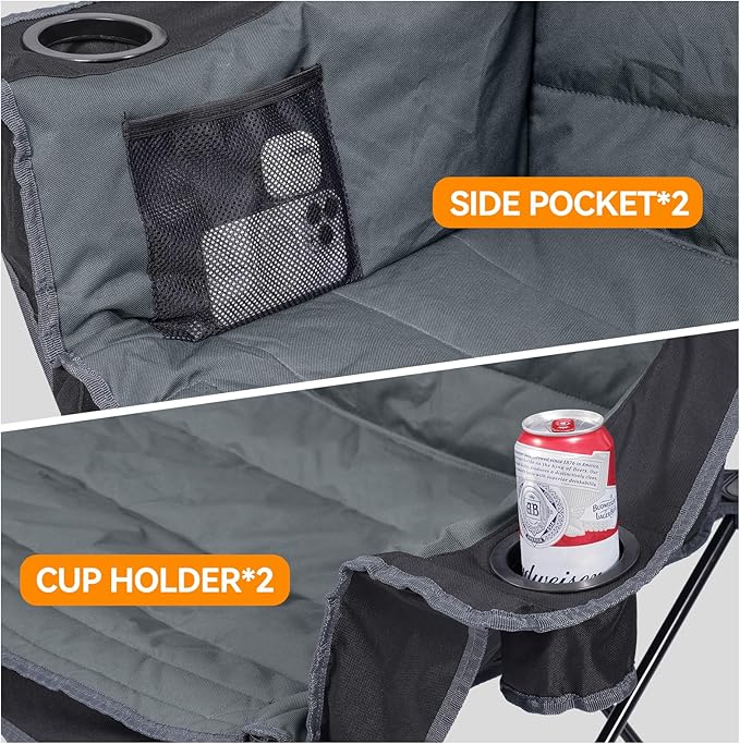 3 Person Camping Chairs Folding Double Camping Chair Portable Oversized Loveseat Padded Camp Chair Heavy Duty Camping Couch for Adults Outdoor Lawn with Two Cup Holders and Carry Bag