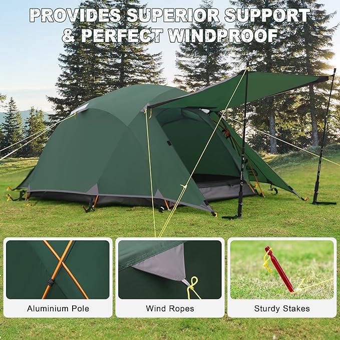 2-3 Person Backpacking Tent Double Doors 2 Vestibule 2 Skylight Two Person Tents Waterproof Windproof 2 Man Tent for Camping Hiking Motor Cycling Biking Fishing Mountaineering UPF 50+