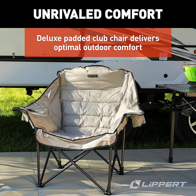 Lippert Big Bear Club Camping Chair - Sand Comfortable Foldable Chair Oversized Pillow Cushions Dual Cupholders Powder Coated Steel 600D Polyester Fabric 400 lb. Capacity 2022114813