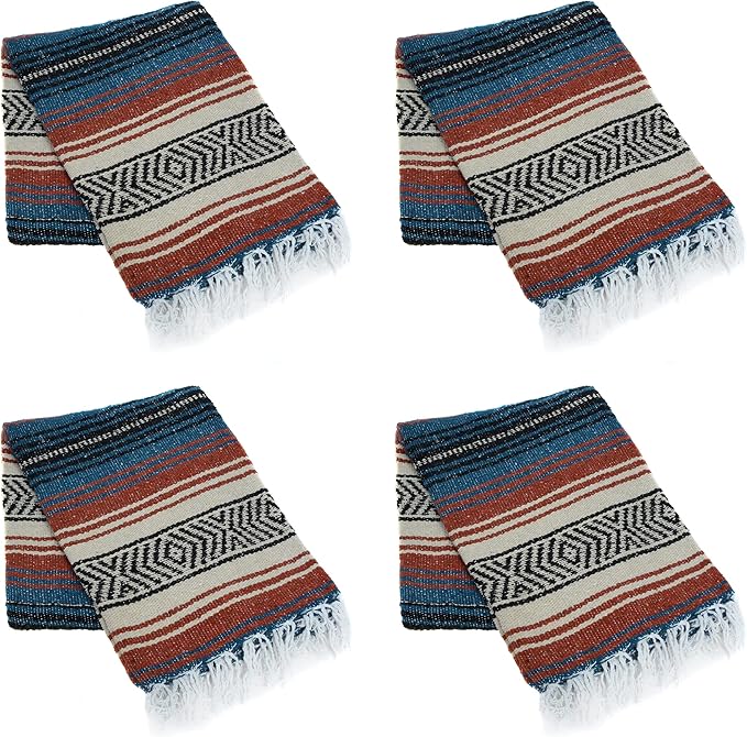 La Montana Mexican Blankets and Throws 4 Pack 74x50 - Made in Mexico Lightweight Yoga Blanket for Schools Studios Outdoors Camping Picnic Decor - Machine Washable Terracotta/Teal/Tan