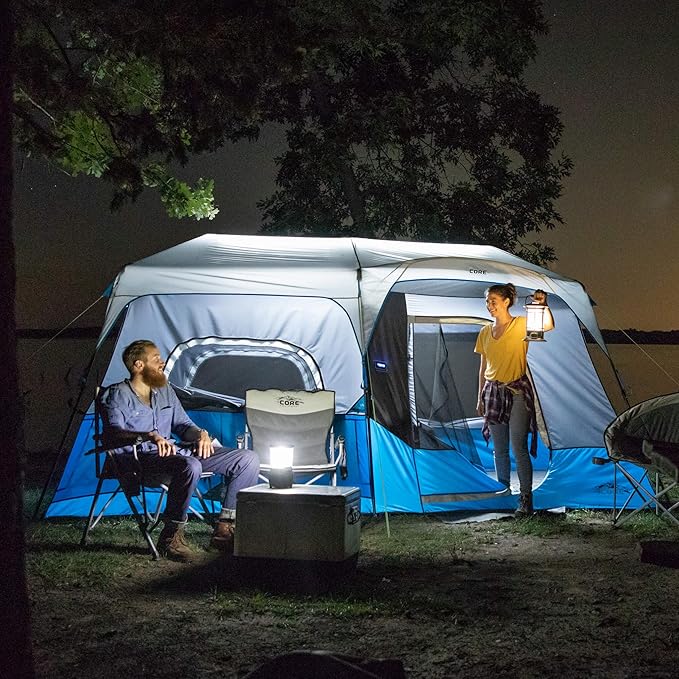 CORE Instant Cabin Tents with LED Lights | 6 Person / 9 Person / 12 Person Family Multi Room Lighted Pop Up Tents for Camping | Included Storage Pockets for Camping Accessories