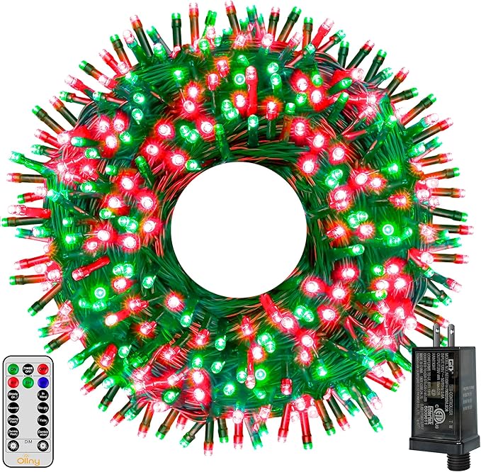 Ollny Christmas Lights 500LED 164FT Long Christmas Tree Lights with 8 Modes Remote Timer IP44 Waterproof Outdoor Christmas Lights for Tree House Yard Outside Xmas Decorations (Red+Green)