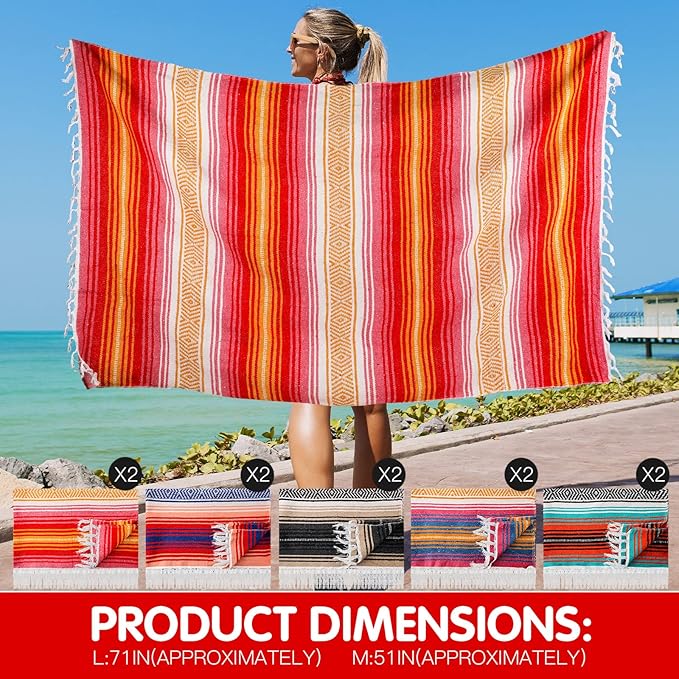 Haull 10 Pcs Large Mexican Blankets Bulk 51 x 71 Mexican Serape Blankets Yoga Authentic Throw Colorful Striped Falsa with Fringed for Outdoor Car Travel Camping Beach Picnic Patio Mat Towel
